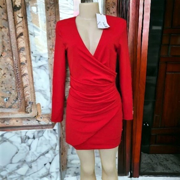 60% OFF NWT ZARA Red Draped Mini Dress Long Sleeve Small MSRP $159 BLOGGER'S - Picture 9 of 9